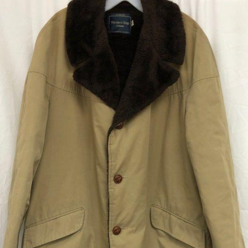 Vintage 70s Dad Coat Mens Classic Retro Pea Coat Size 42 Faux Fur Collar